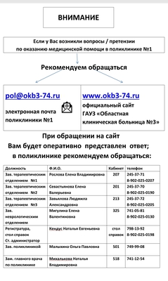 Если у Вас возникли вопросы / претензии
по оказанию медицинской помощи в поликлинике №1 Вы можете обратиться по следующим телефонам 
